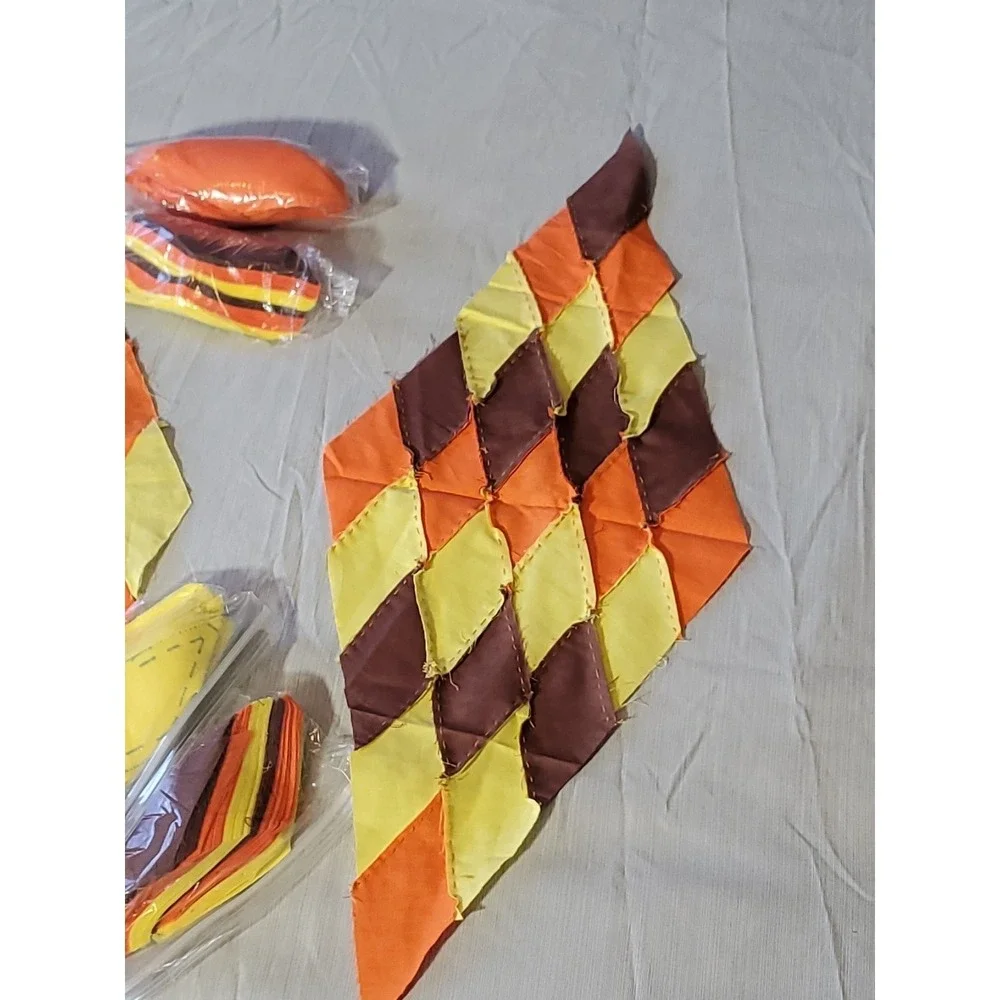 Vntg. Harlequin Diamond Patchwork Quilt Blocks Hand Stitched Orange Brown Yellow